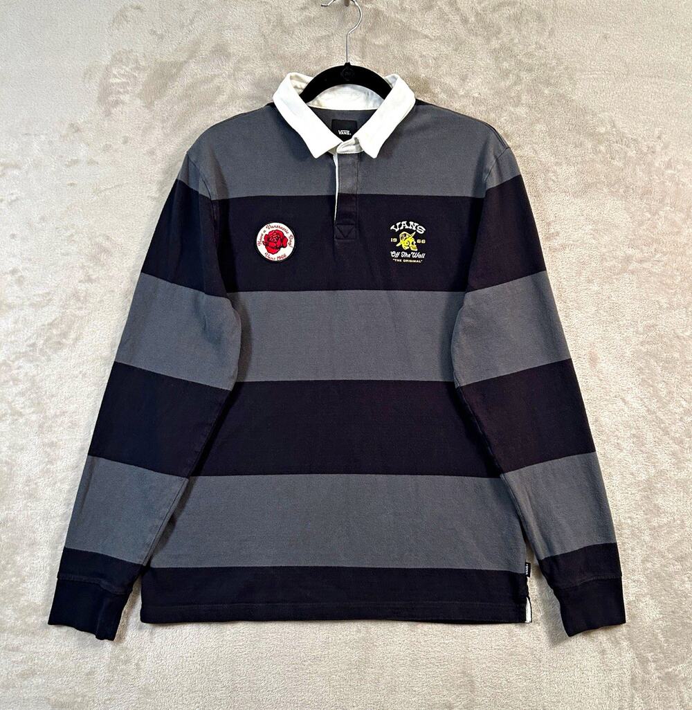 VANS Striped Long Sleeve Cotton Polo Rugby Shirt Men's M Gray Black